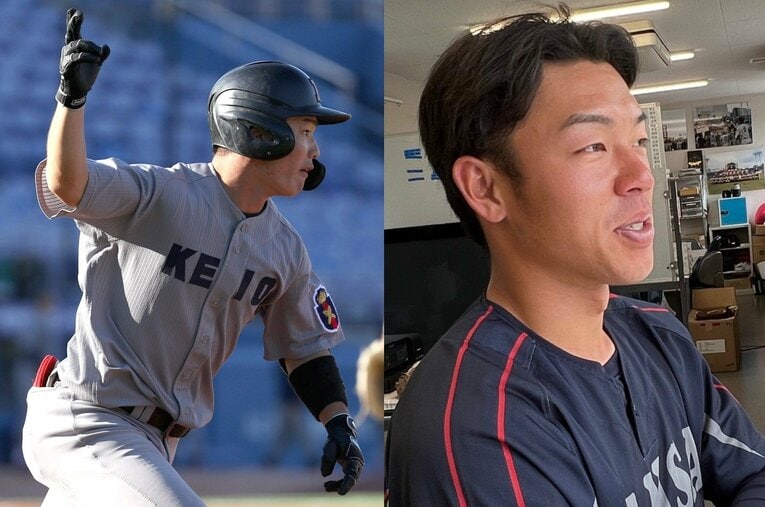 現在、慶大で主将をつとめる本間颯太朗（左）と関大主将の藤原太郎。2人はともに奈良の生駒ボーイズ出身で、あるチームメイトと関わりがあった ／ photograph by (L)JIJI PRESS、(R)Takeshi Shimizu