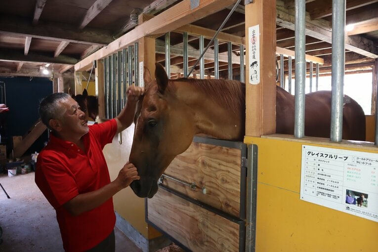 JBCスプリントの勝ち馬・グレイスフルリープの頭をなでる佐藤弘典さん