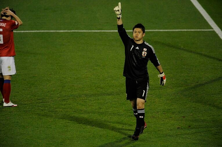 準決勝の韓国戦。PK戦で獅子奮迅の活躍を見せた川島永嗣　©Takuya Sugiyama