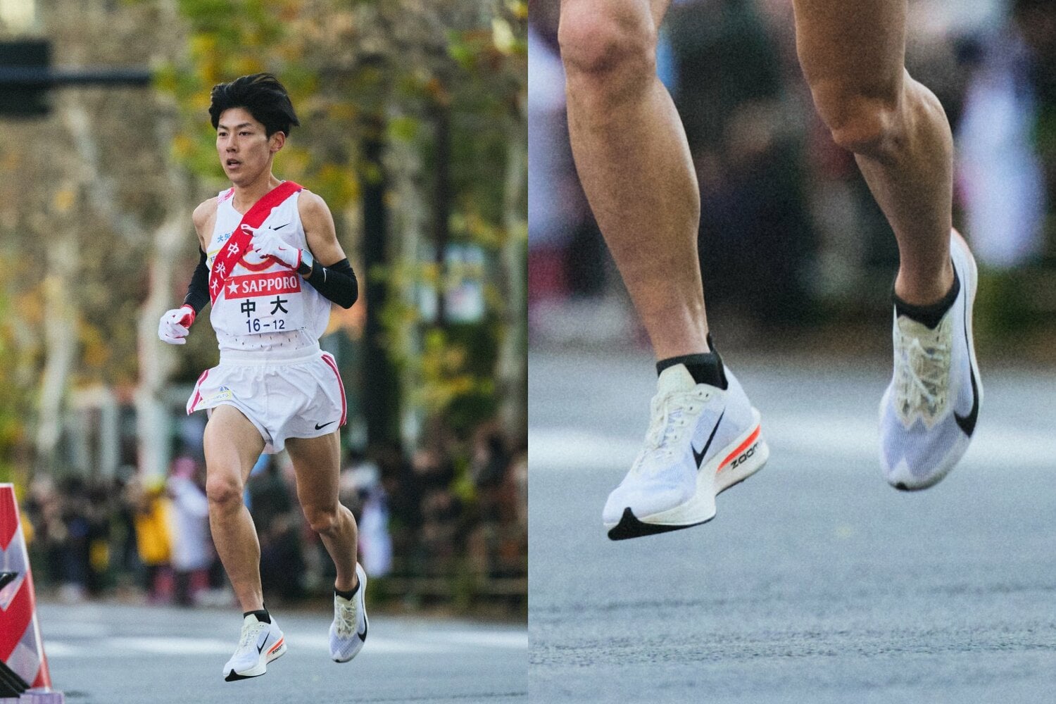 1区を独走する吉居駿恭（中大）の足元を拡大してみると…　©Yuki Suenaga