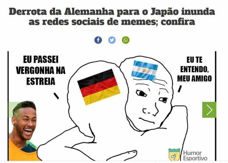 「初戦で大恥をかいてしまった」（ドイツ人、左）。「アミーゴ、君の気持はよくわかるよ」（アルゼンチン人、右）。左端は2人を見ながら笑いが止まらないネイマール（『ランセ！』より）