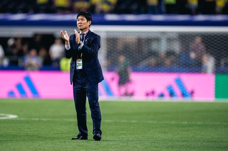ブラジルメディアの質問に「我々にも勝つチャンスがある」と答えた森保監督　©Kiichi Matsumoto/JMPA