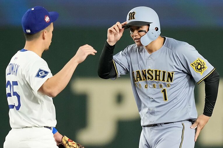 阪神の森下翔太。大谷翔平と鈴木誠也らを差し置いて今回の6試合で打球速度トップを記録した ／ photograph by AP/AFLO