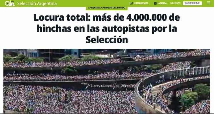 「狂乱の極み：凱旋帰国した代表を400万人以上のファンが出迎え」（アルゼンチンのスポーツ紙『オレ』）