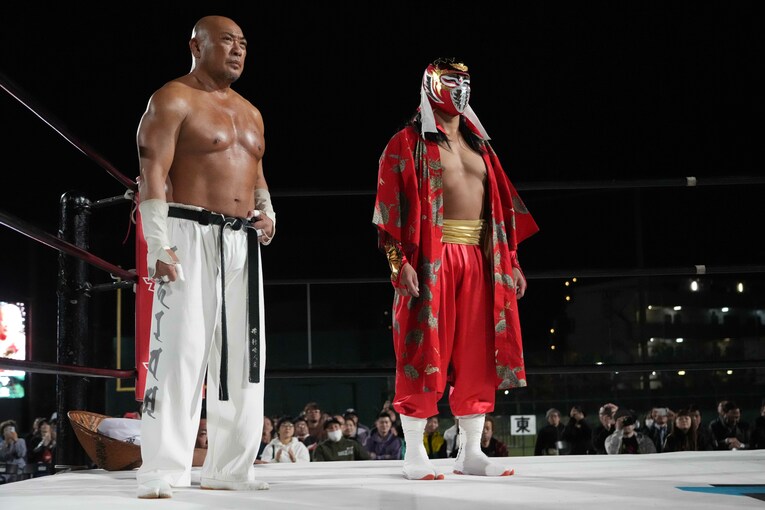 新崎人生とタッグを組んだハヤブサ　©Essei Hara