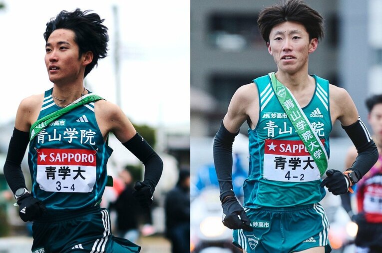 99回大会「花の2区」で“歴代最高”と言われるデッドヒートを見せた近藤幸太郎（右）と、1月の箱根路で優勝を決定づける快走を見せた佐藤一世 ／ photograph by Yuki Suenaga