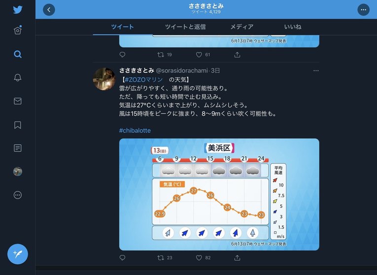 佐々木さんはこんな感じでZOZOマリン開催日に天気予報をツイートしている※本人のツイッターより