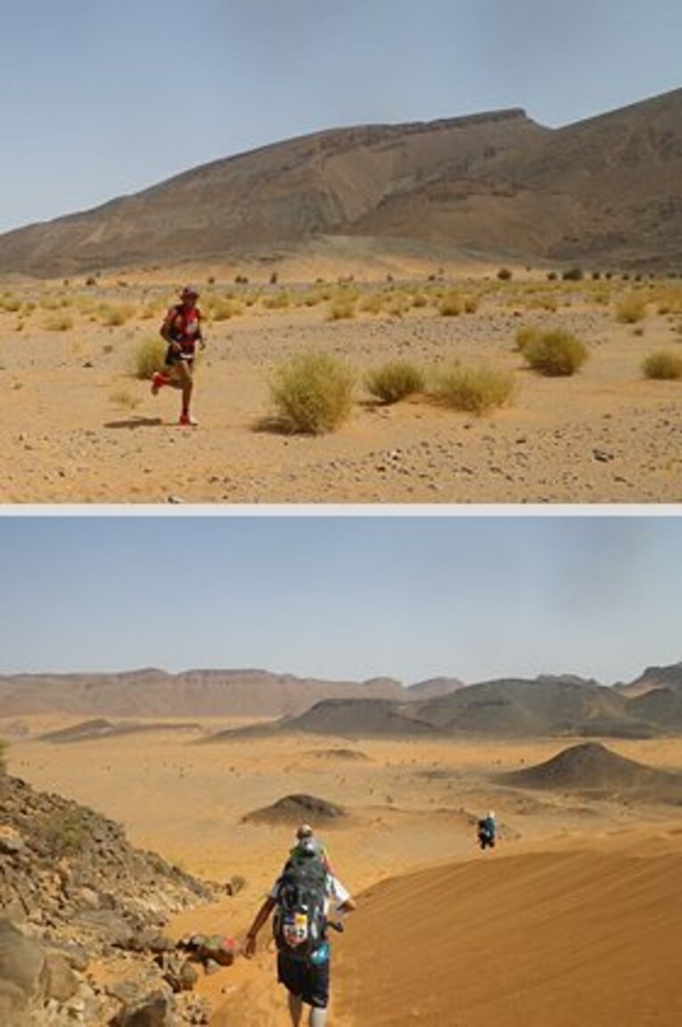 （上）僕らを抜いていくトップ集団の選手。速い！　そして荷物が少ない！！　（下）砂丘とゴツゴツした岩場のコラボレーション