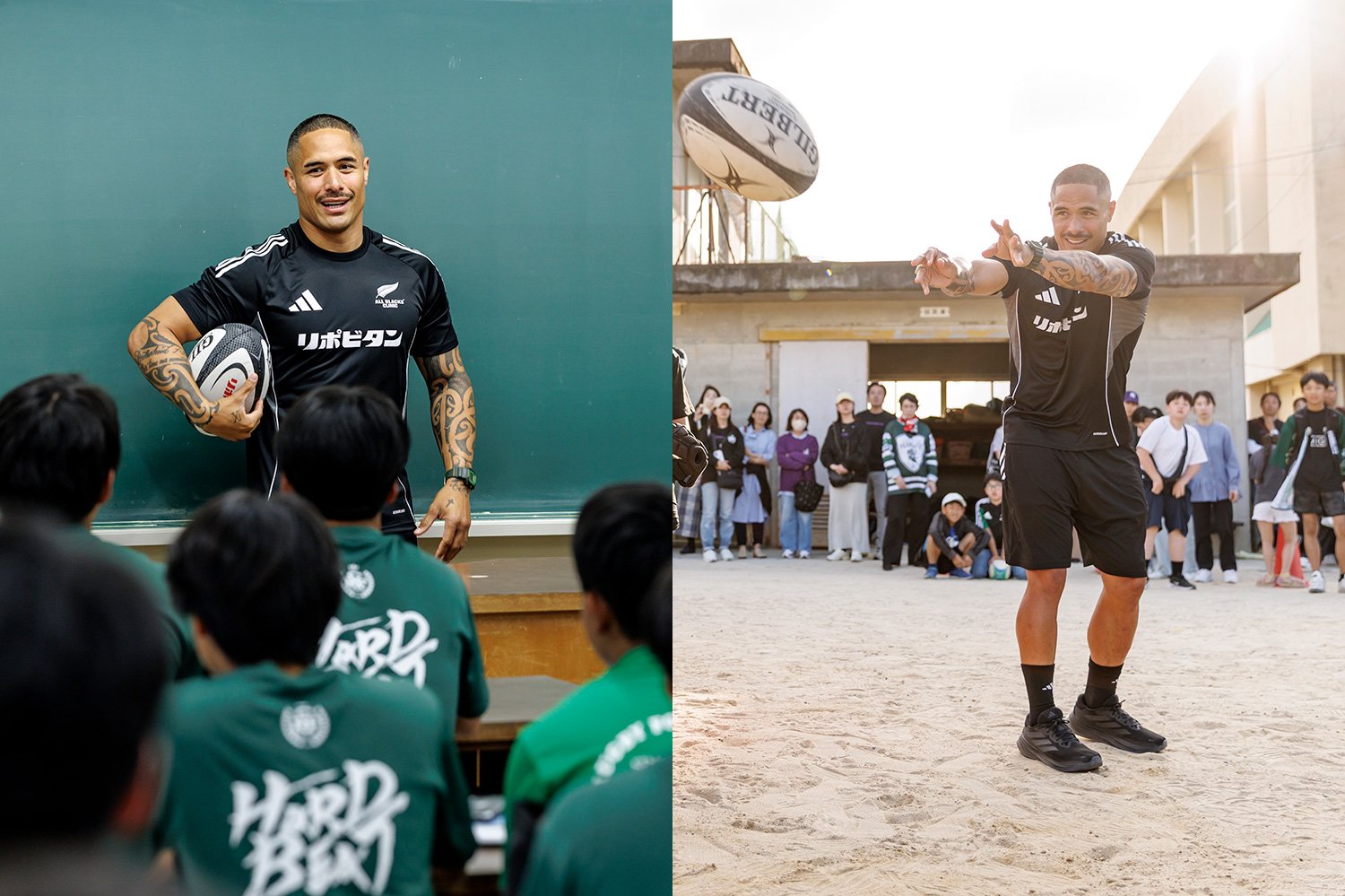 オールブラックスラグビークリニック：花園出場2回を誇る愛知県立千種高校を訪れたアーロン･スミス｡教室では自身の経験を踏まえてラグビーの心得を伝え、グラウンドではこの世代で習得すべき基礎技術を中心に指導　©Kiichi Matsumoto