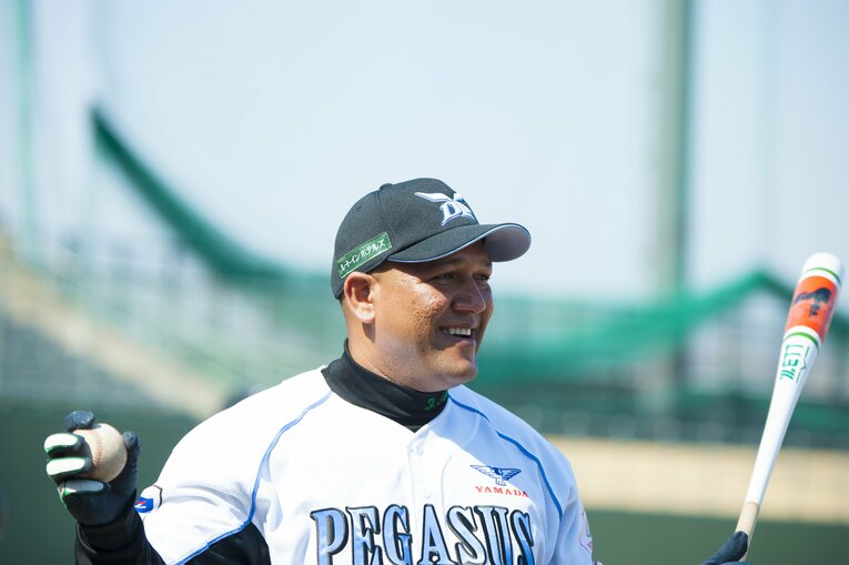 2014年、BCリーグ・群馬ダイヤモンドペガサスで打撃コーチ兼任の外野手として現役を続行　©BUNGEISHUNJU