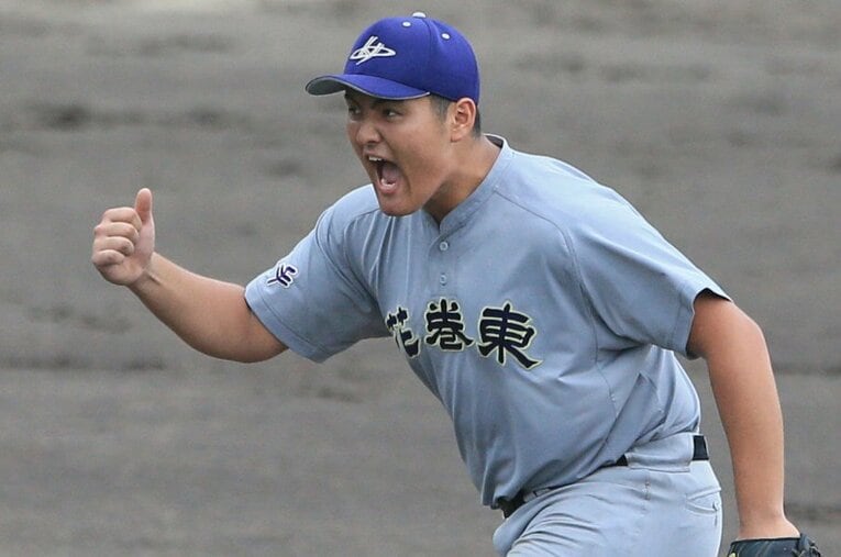 今秋のドラフト有力候補、花巻東高の佐々木麟太郎（内野手・184cm113kg・右投左打） ／ photograph by JIJI PRESS