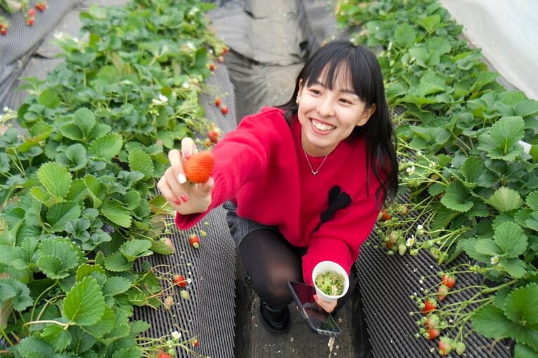 2月のいちご狩りで、取れたイチゴを差し出す。自身が毎年恒例にしているイベントだ　写真は本人のツイッター（現在はX）より