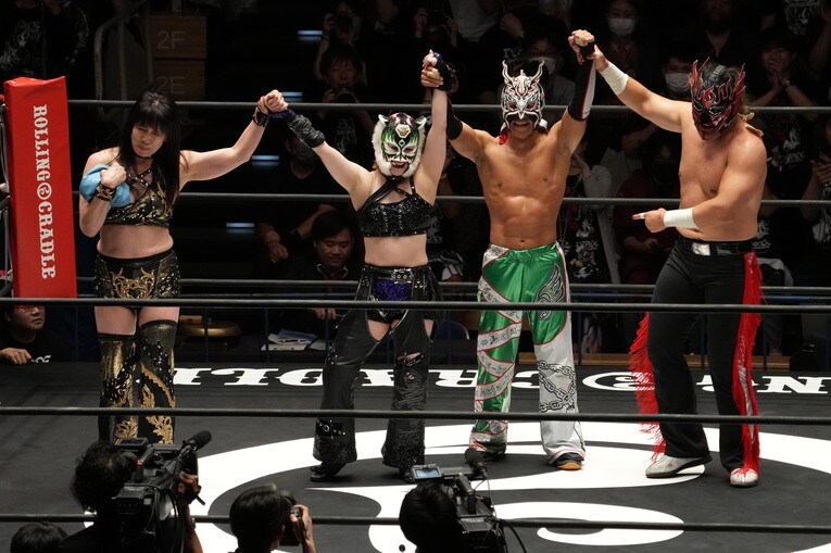 左から下田美馬、スターライト・キッド、ドラゴン・キッド、エル・デスペラード　©Masashi Hara