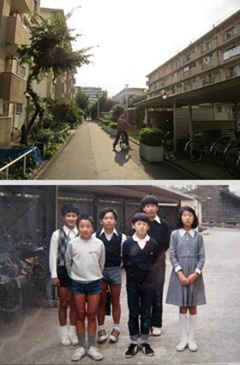 （写真上）ほとんど生まれ故郷の団地と同じ作りの赤羽台団地。（写真下）幼き日の筆者と友人たち。さて、どの子供が私でしょうか？　当然ですが、まだフサフサです