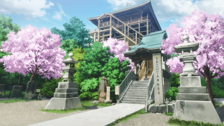 ふたりが訪れたお寺。笠森寺がモデルと思われる　©2023 アニメ「ウマ娘 プリティーダービー Season 3」製作委員会