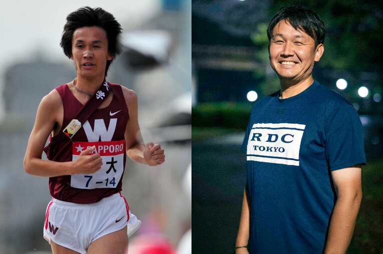 左は早稲田大学3年時の箱根駅伝で区間2位で走って総合優勝に貢献したときの勇姿。現在（右）は少しお腹を気にしつつも、ランナーのサポートに精力的に活動している ／ photograph by AFLO / Asami Enomoto