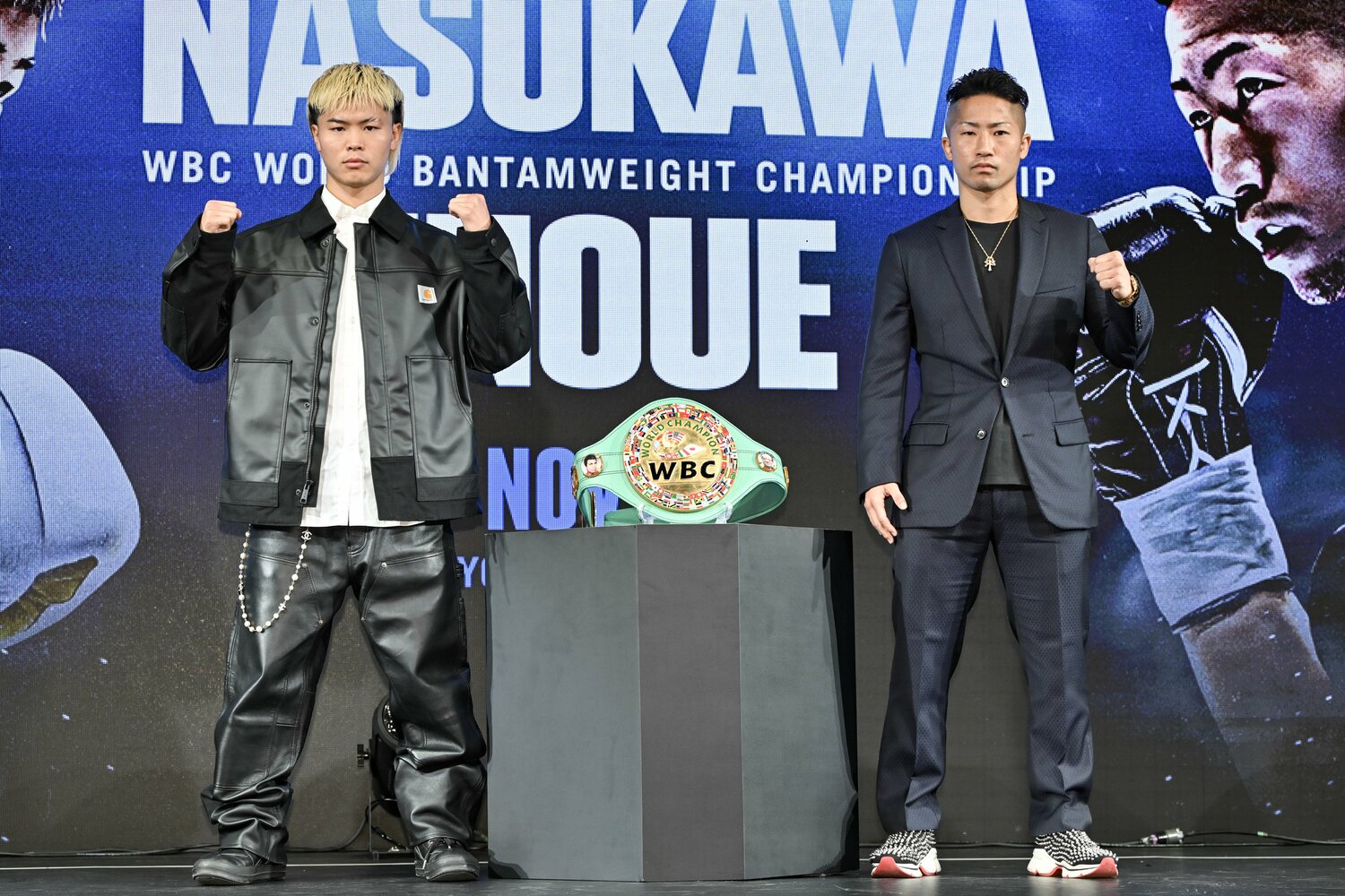 WBC世界バンタム級王座決定戦発表記者会見での那須川天心と井上拓真　©️AFLO