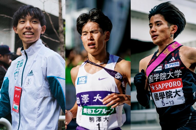 各大学の新主将が出揃った。彼らのキャプテンシーはいかに？ 左から青学大・黒田朝日、駒澤大・山川拓馬、国学院大・上原琉翔 ／ photograph by Yuki Suenaga(L)/Kiichi Matsumoto(C/R)