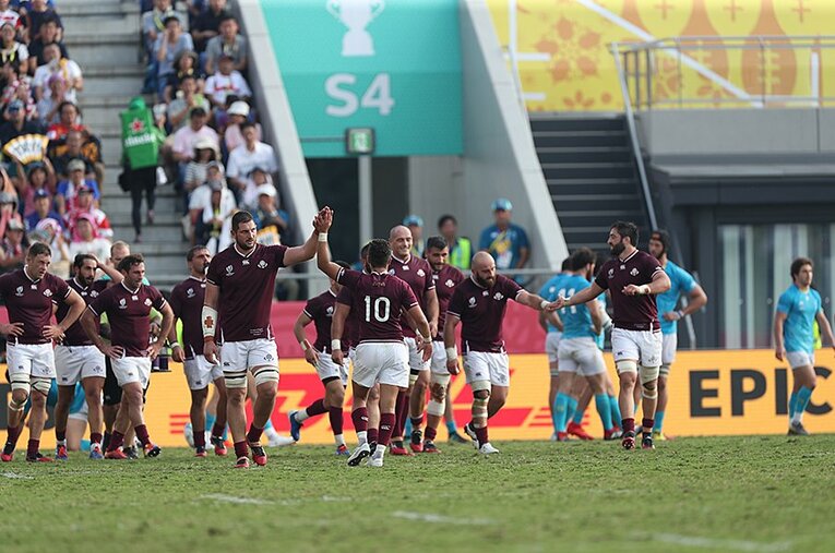 ジョージア代表の2019年W杯での成績は1勝3敗。熊谷でのウルグアイ戦では巨漢FWが奮闘して勝利を収めた。 ／ photograph by Naoya Sanuki
