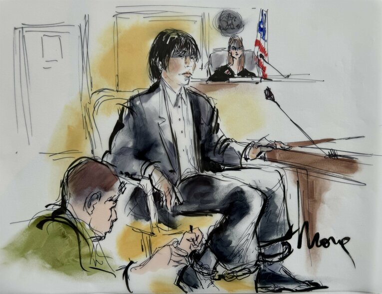 水原容疑者の様子が描かれた法廷画。足枷も見える　©AFLO