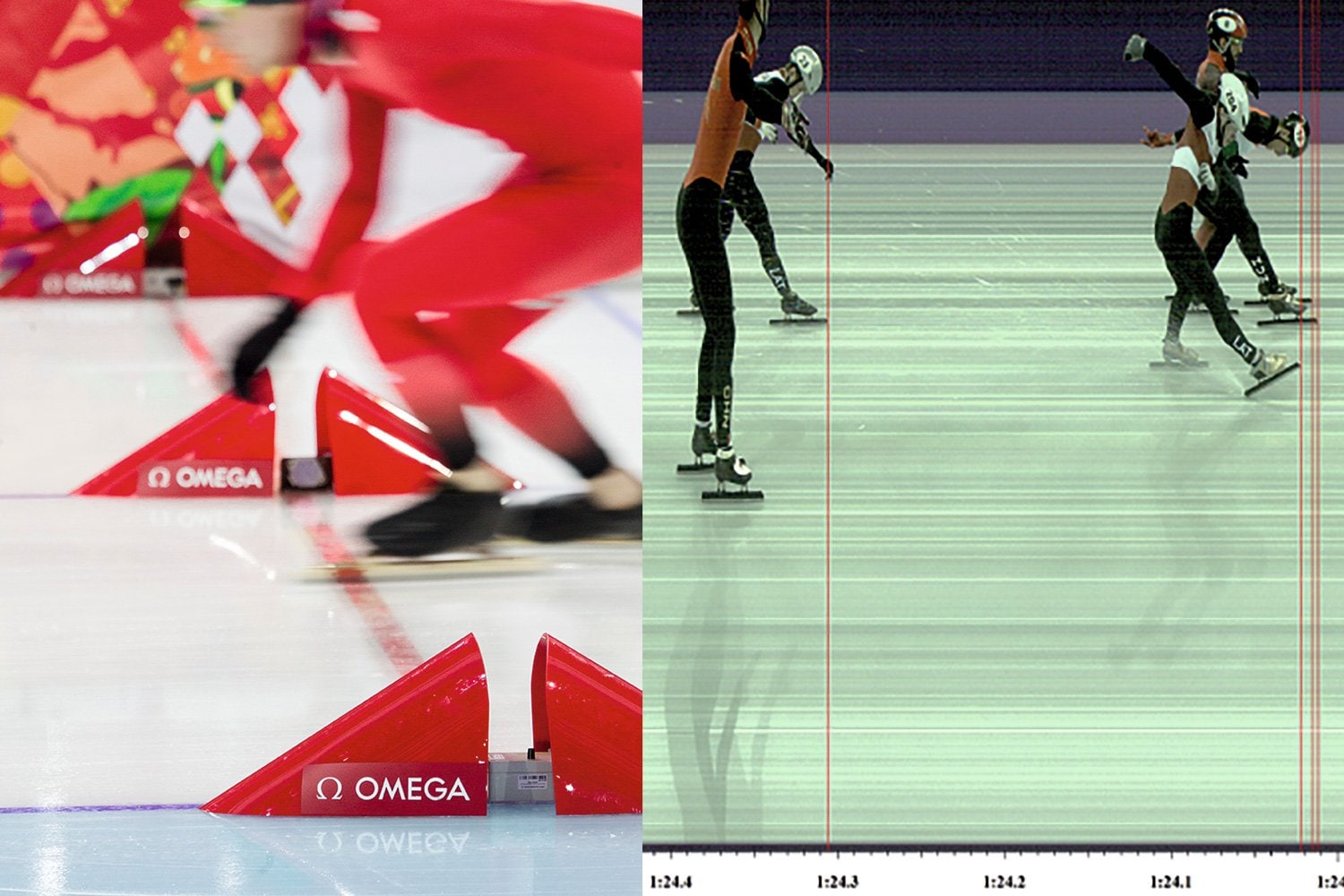 【左】スピードスケートのゴール地点に設置される「光電子セル」。スケート靴がフィニッシュラインを通過すると同時に時計が止まり、正確なゴールタイムの計時を実現。【右】最新型では1秒間に最大4万枚の画像を記録することができ、決定的瞬間を逃さない