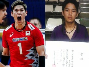 （右）賞状を手に写真に収まる中学時代の西田有志