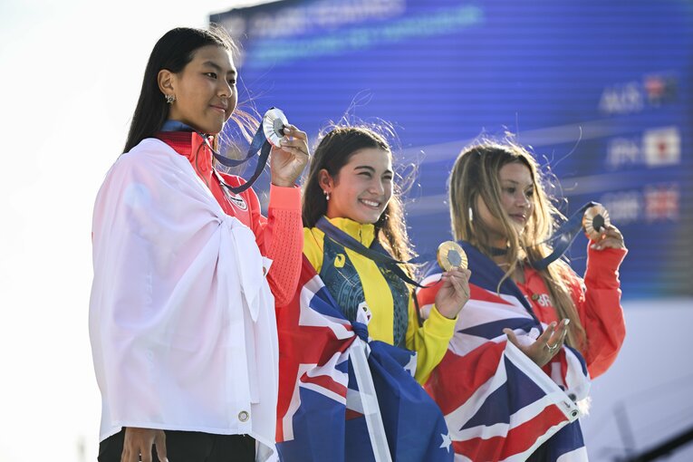 女子パークのメダリストはアリサ・トルー（金）、開心那（銀）、スカイ・ブラウン（銅）といずれも日本人の母を持つ　©Asami Enomoto/JMPA