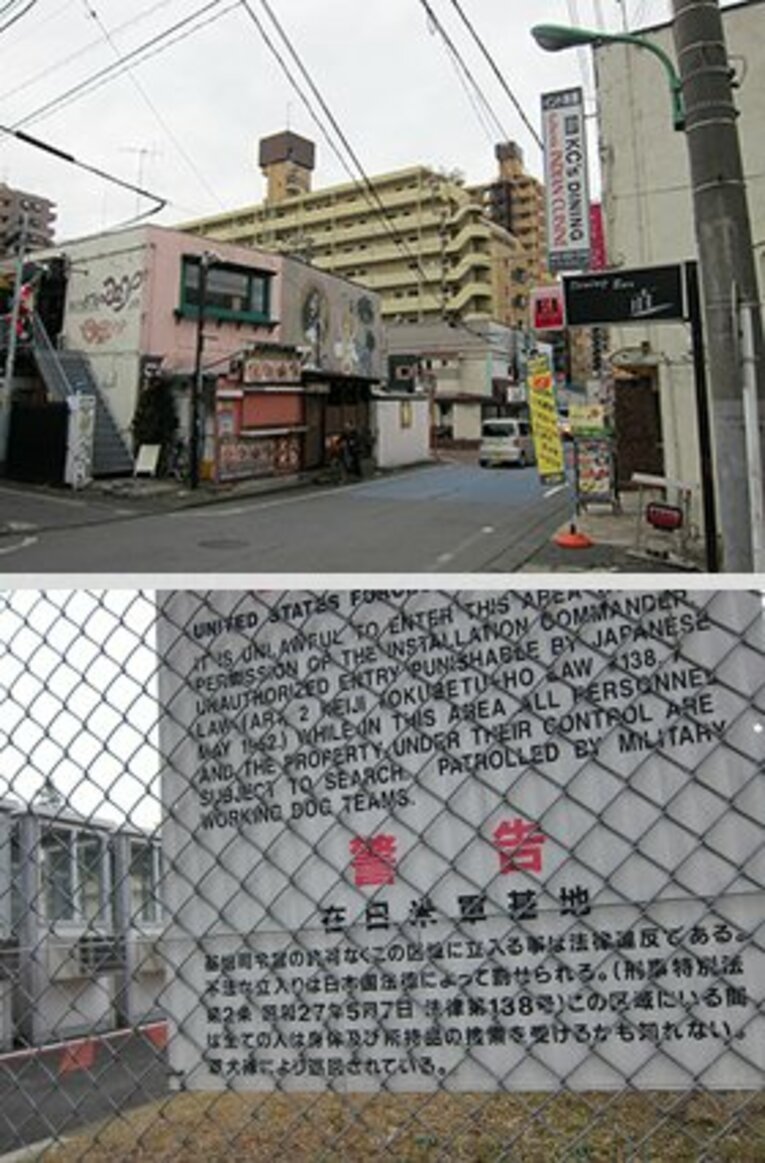 福生の飲食街に漂うアメリカンな雰囲気。今も昔も「金網の向こう側」にはリアルなアメリカがある、という現実がよく分かる看板。