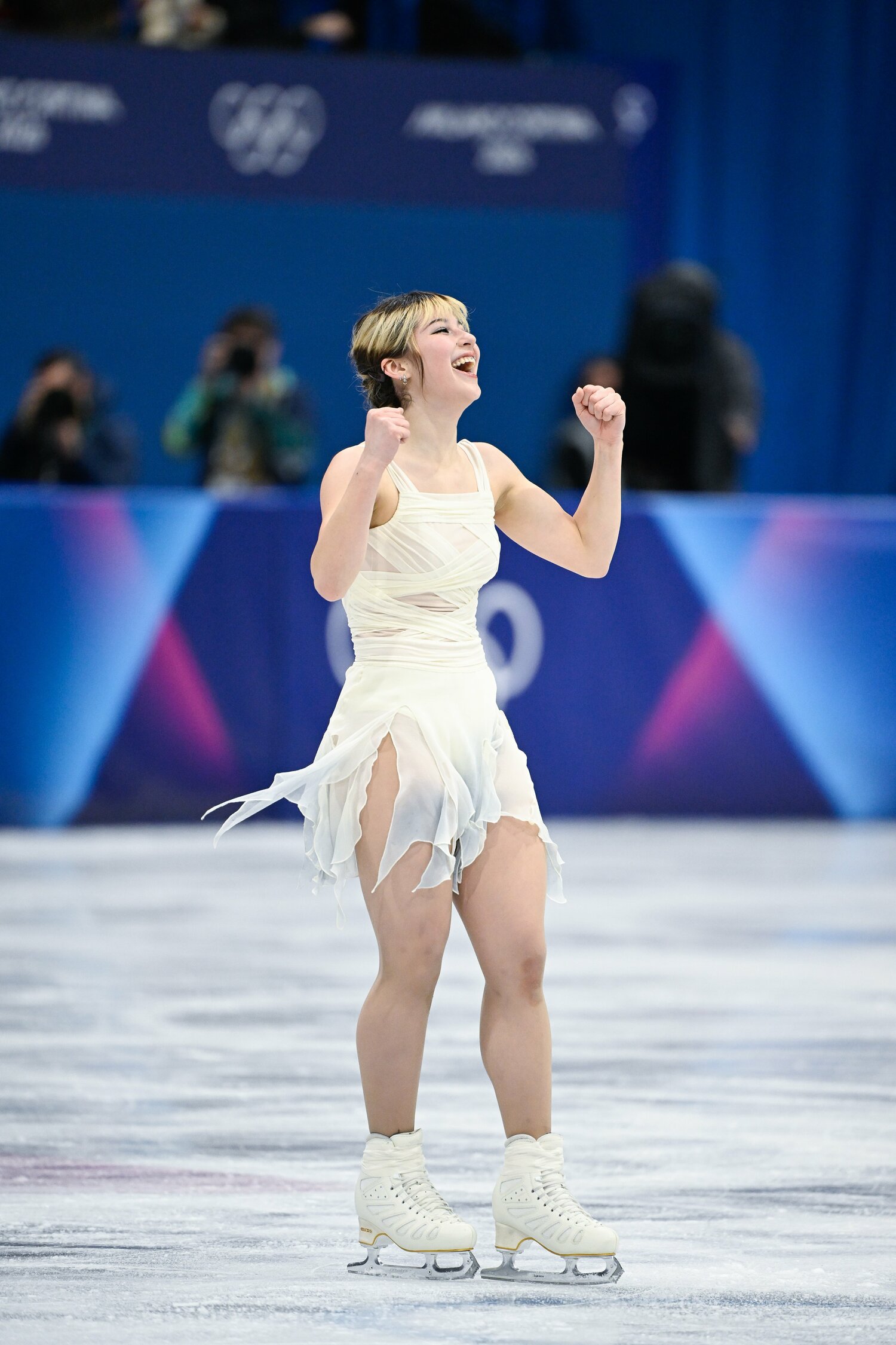 ミラノ・コルティナ五輪の女子シングルのショートで3位発進したアリサ・リュウ。演技後にガッツポーズも　©️Asami Enomoto / JMPA
