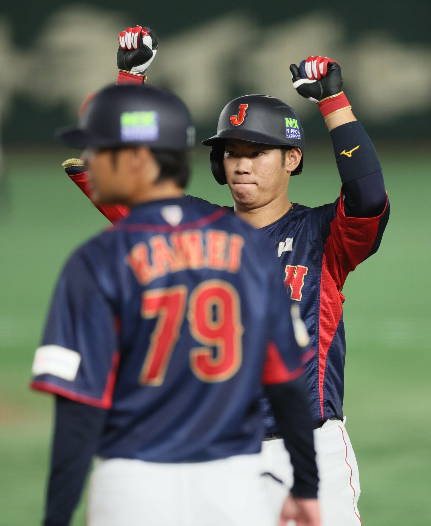 2023年11月の「アジアプロ野球選手権」台湾戦で適時打を放った坂倉将吾　©︎JIJI PRESS