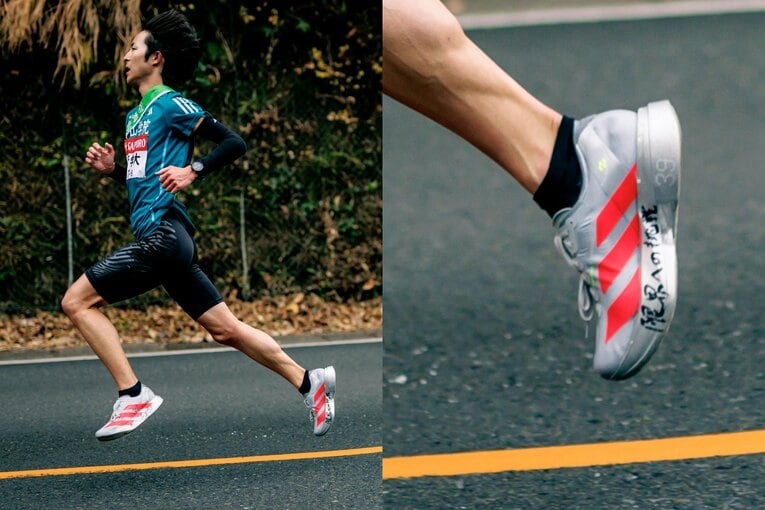 6区で山を駆け下りる青学大・野村昭夢の足元を拡大してみると…レッドの3本線に熱きメッセージが　©Kiichi Matsumoto