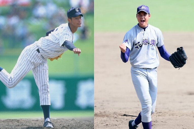 高校時代のダルビッシュ有（東北高）と大谷翔平（花巻東高） ／ photograph by L/Hideki Sugiyama　R/Sankei Shimbun