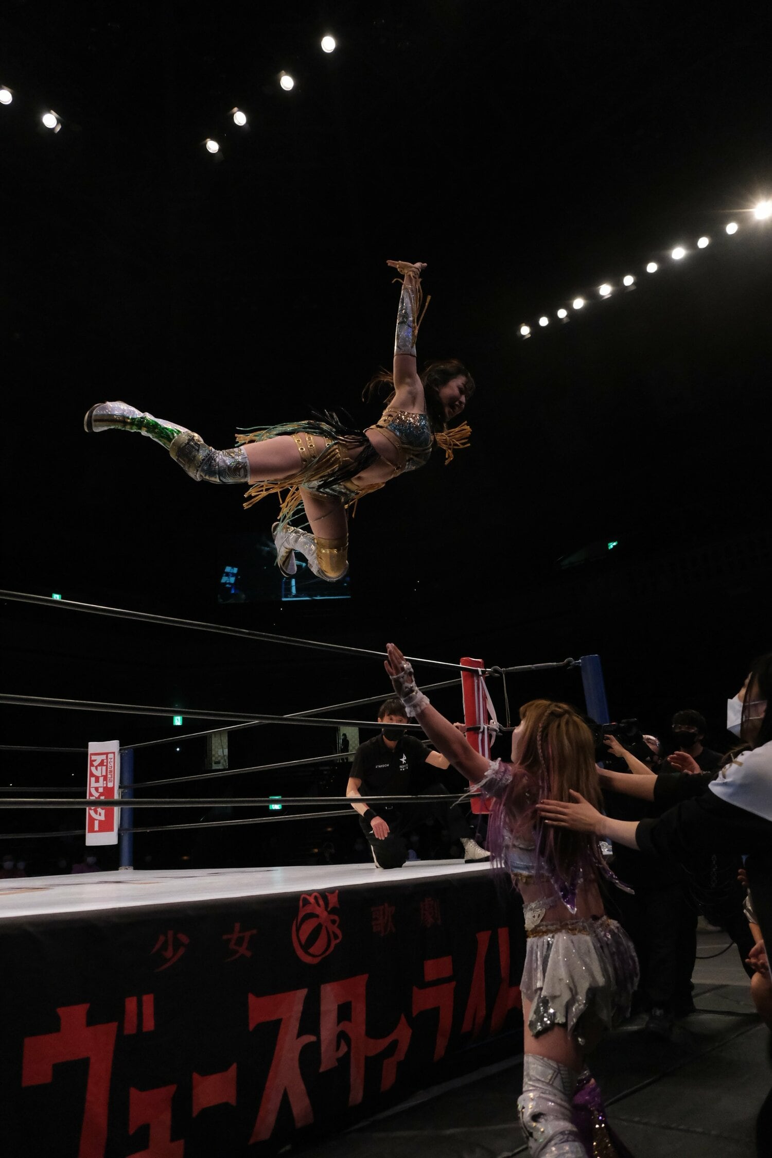 上谷のプランチャを受けた中野。激しい衝撃音が場内に響いた