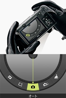 ボディ背面のアクションボタンを押したままカメラを左右に傾けると、撮影モードの変更などが簡単に操作することができる。