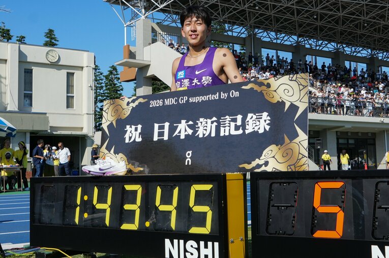 5月に出場した2試合でともに日本記録を更新した男子800mの落合晃（駒大2年）。従来の記録を1秒以上更新する大躍進だった　©AFLO