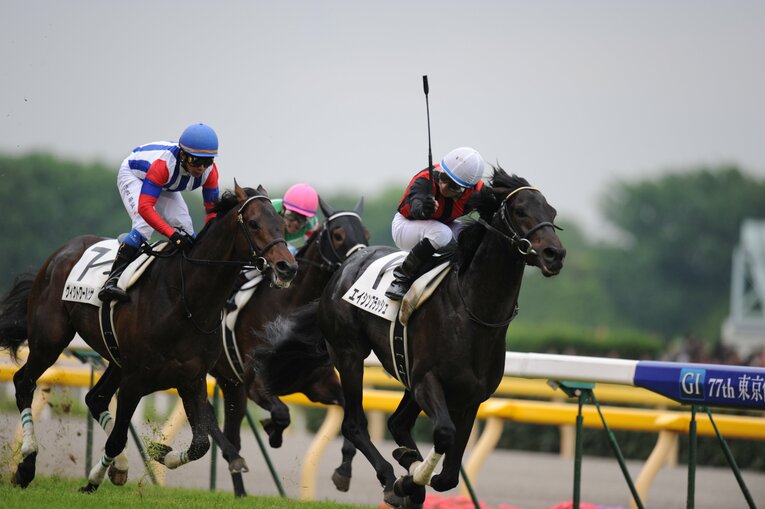 極端なスローペースのなか、ラスト3ハロンを32.7秒で駆け抜けた2010年のダービー馬エイシンフラッシュ　©Keiji Ishikawa