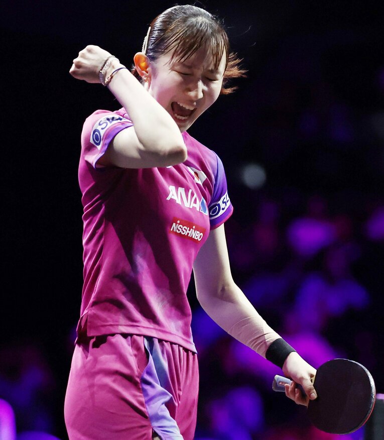 張本美和に勝利した瞬間の早田の表情　©JIJI PRESS