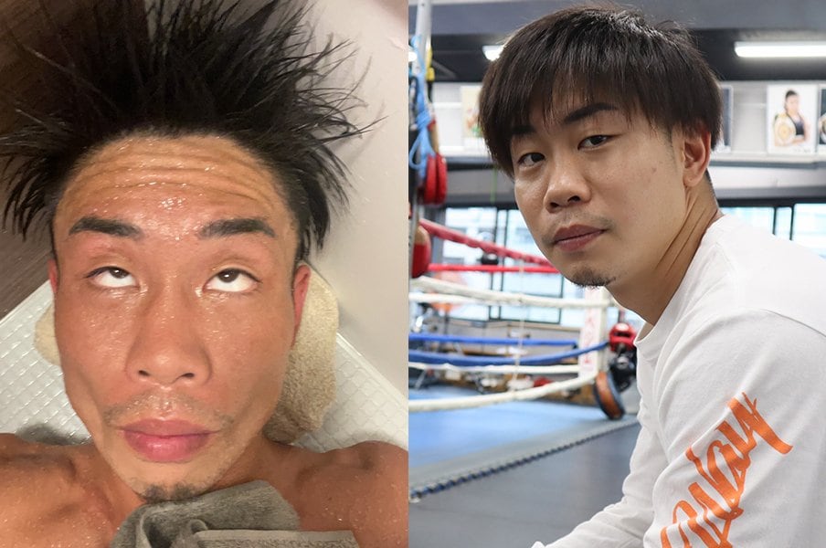 （左）自宅の風呂場にて、47.6kgのリミットに到達した時に撮影した写真。ふざけてカメラを向けたが「いつもこの顔になっている」。（右）試合から約1カ月後、普段の体重に戻った谷口