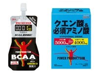 【写真左】 1本でBCAA2000mgを瞬間補給できるジェルドリンク。すっきりとした味わいのグレープフルーツ味。ワンセコンドBCAA\299
【写真右】 乳酸対策を意識したクエン酸を5000mg配合。水に溶かして飲む顆粒タイプ。クエン酸&必須アミノ酸(10本入り)\2,100/江崎グリコ