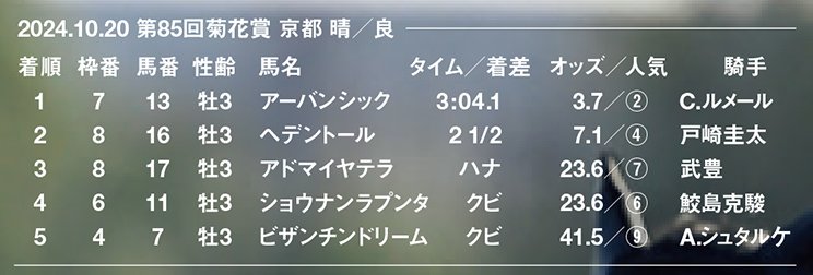 1000m通過は62秒0のスローペースに。中盤以降、次々と先頭が入れ替わる目まぐるしい展開を中団で折り合った2番人気アーバンシックが直線で末脚を伸ばし、最後の1冠を制した。鞍上ルメールは昨年に続く菊花賞連覇で、同レース歴代2位の通算4勝目となった