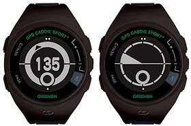 ドッグレッグでグリーンが見えない状況でも、グリーンまでの距離と方向を教えてくれるグリーン方向表示機能（写真左）。打ちたい方向へ、正しくスタンスが向いているかどうか教えてくれるスタンスチェック機能（写真右）。どちらも初めてのコースでは心強い機能だ。
 