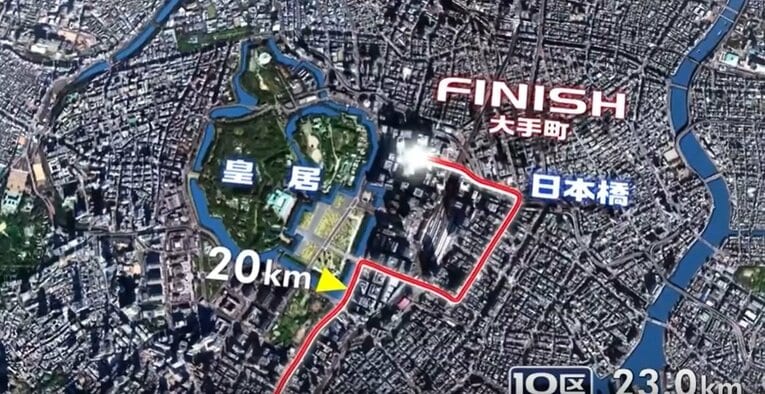 10区のラスト3kmのコース図。馬場先門を右折してからは勝負所が続く／箱根駅伝公式HPより