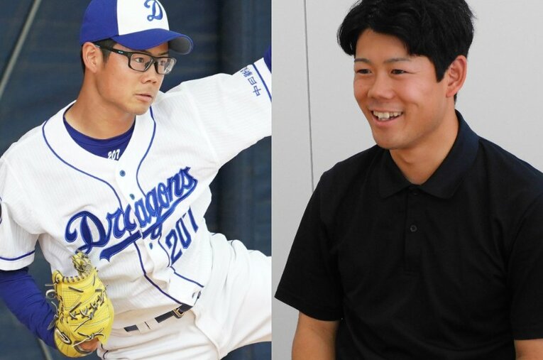 2020年に中日の育成1位でドラフト指名を受けた松田亘哲さん。現在はCBCテレビの報道局記者 ／ photograph by L)Sankei Shimbun、R)NumberWeb