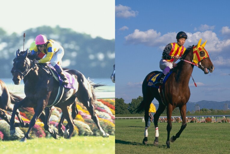 1995年の菊花賞で5着に敗れたダンスパートナー（右）。翌年の同レースを弟のダンスインザダーク（左）が制し、姉弟で雪辱を果たす格好となった　©BUNGEISHUNJU