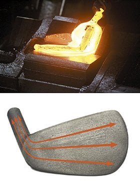 ネックとヘッドを一体成型することで(しかも計4回のプレス!)、鍛流線(金属組織の流れ)が途中で切れることなく一方向に連続。これによってミズノがこだわる“打感の良さ”が生まれる。