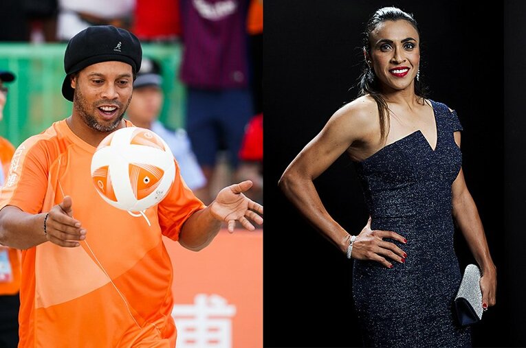ブラジルが誇る男女サッカーの2大スター、ロナウジーニョ（左）とマルタ。ただ2人の経歴は大きく違う。 ／ photograph by Getty Images
