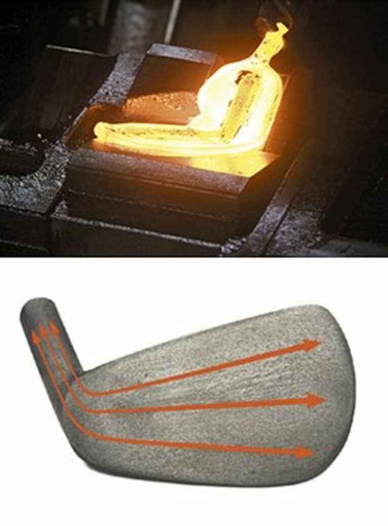 ネックとヘッドを一体成型することで（しかも計4回のプレス！）、鍛流線（金属組織の流れ）が途中で切れることなく一方向に連続。これによってミズノがこだわる“打感の良さ”が生まれる。 