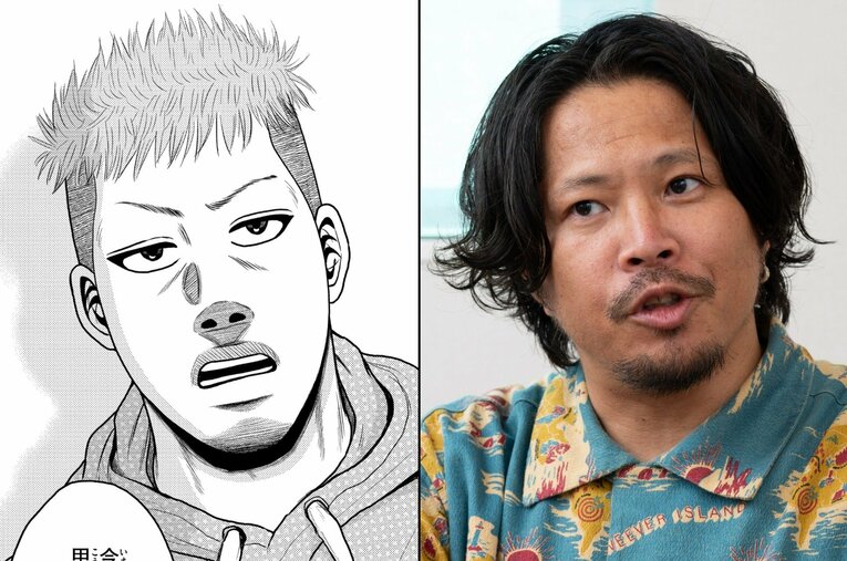 漫画『ベー革』でサガユリの超合理的野球部を率いる乙坂監督（左）と作者のクロマツテツロウさん（右） ／ photograph by クロマツテツロウ／Tadashi Hosoda