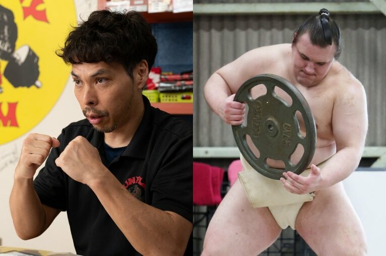 力士の強さの秘密を語る、安青錦担当トレーナーの渡辺航平さん（左）、稽古でトレーニングに励む安青錦（右） ／ photograph by Tadashi Hosoda／JIJI PRESS