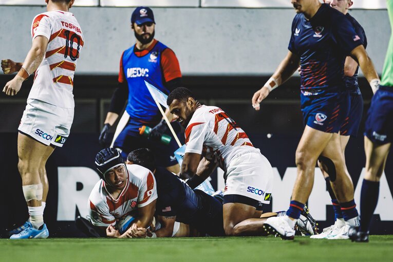 アメリカ戦で代表初トライを決めたフッカー原田衛（25歳）。昨季は東芝ブレイブルーパス東京のリーグワン初優勝に貢献し、日本代表でも新たなスクラムの要として期待を寄せられる　©︎Kiichi Matsumoto